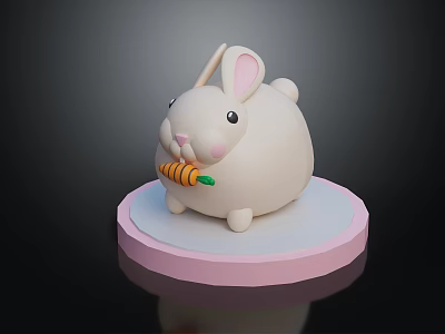 Cute White Rabbit Decorative Ornament Set With Carrot On Pink Circular Base 3d model