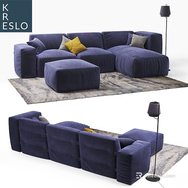 Navy Blue Two Seater Sofa with Yellow Gray Throw Pillows Ottoman and Patterned Area Rug 3d model 