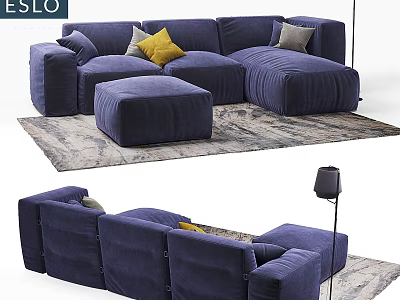 Navy Blue Two Seater Sofa with Yellow Gray Throw Pillows Ottoman and Patterned Area Rug 3d model