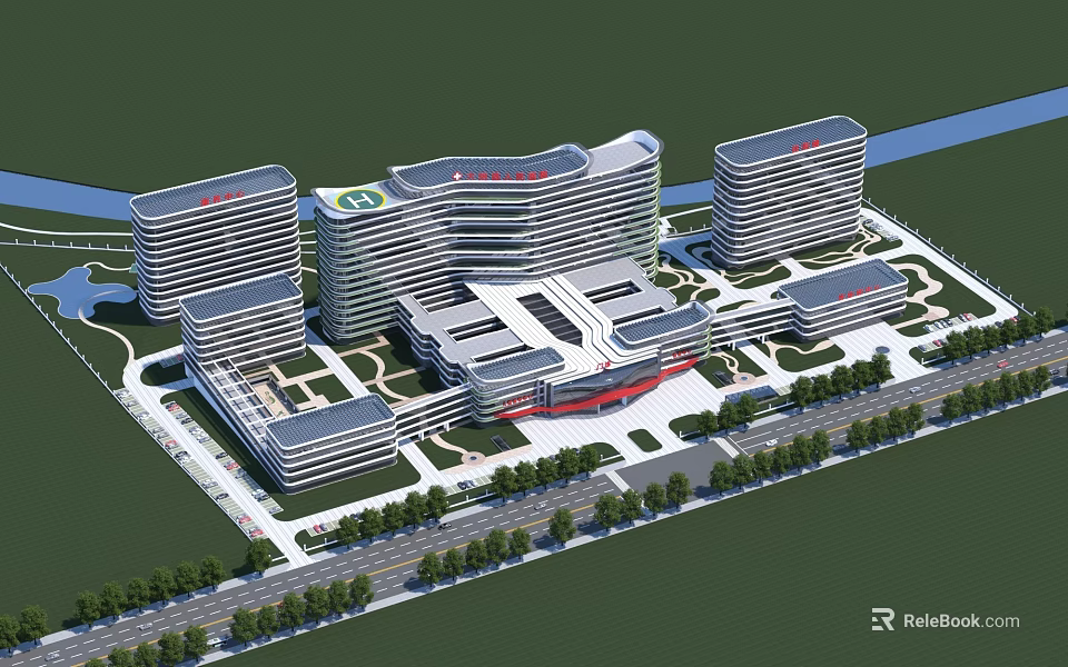 Modern Hospital Building Complex With Contemporary Design Greenery Roads And Multiple Towers 3d model 