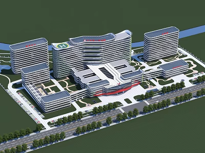 Modern Hospital Building Complex With Contemporary Design Greenery Roads And Multiple Towers 3d model