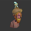3D Game and Movie Character With Yellow Hair Beard Brown Hat White Chicken Sad Expression