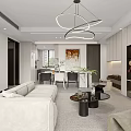 Modern Living Dining Room Interior With Dining Table Chairs Sofa Pendant Light And Artwork Decor 3d model