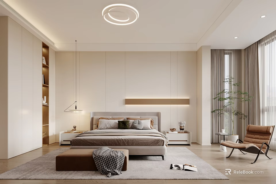 Modern Minimalist Bedroom Interior With Round Ceiling Light Rug And Armchair 3d model 