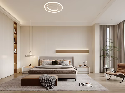 Modern Minimalist Bedroom Interior With Round Ceiling Light Rug And Armchair 3d model