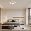 Modern Minimalist Bedroom Interior With Round Ceiling Light Rug And Armchair