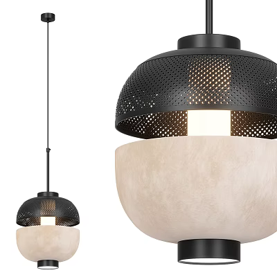 Modern Pendant Light With Black Perforated Shade And Beige Lampshade Design 3d model