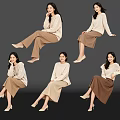Multiple Women In Different Sitting Poses With Beige Tops And Colored Skirts