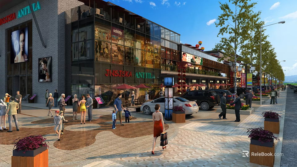 Bustling Commercial Street With Modern Shops Pedestrians Parked Cars And Lush Greenery 3d model 