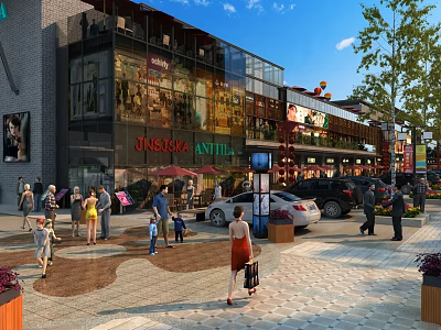 Bustling Commercial Street With Modern Shops Pedestrians Parked Cars And Lush Greenery 3d model