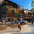 Bustling Commercial Street With Modern Shops Pedestrians Parked Cars And Lush Greenery