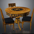 Round Wooden Dining Table With Decorative Inlay And Matching Chairs With Dark Blue Cushions