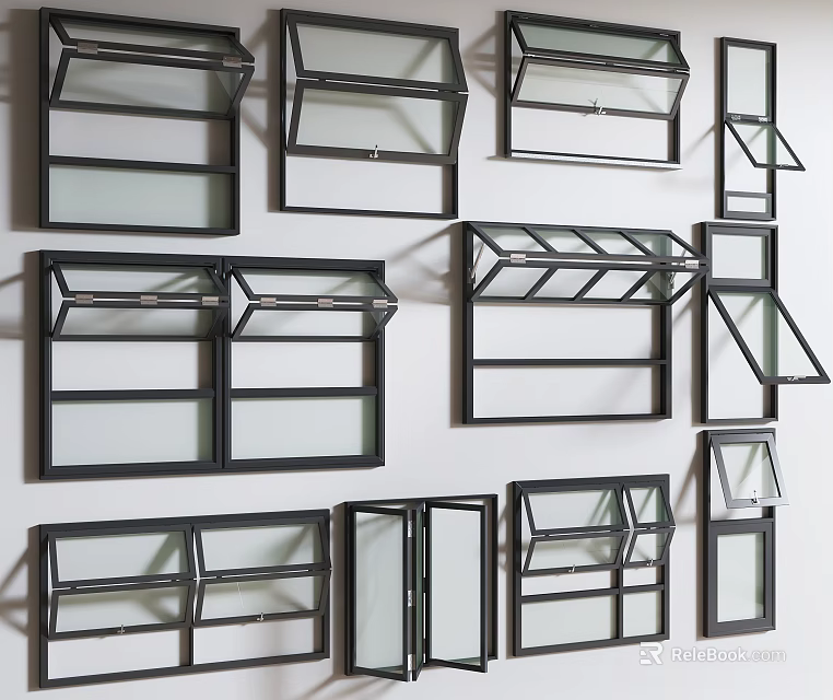 Different Styles of Modern Casement Windows With Aluminum Frames and Glass Panels 3d model 