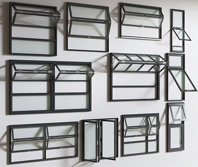 Different Styles of Modern Casement Windows With Aluminum Frames and Glass Panels 3d model