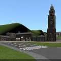 School Building Complex With Red Brick Clock Tower Green Lawn And Scenic Pathway 3d model