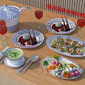 Delicious Western Food Plated Dishes with Grilled Meat Appetizers Fruits Vegetables and Wine Glasses