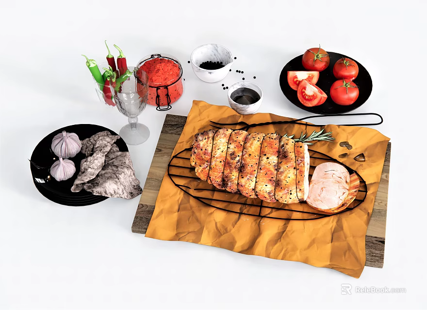 Grilled Chicken With Fresh Watermelon Tomatoes Garlic Chilies And Herbs 3d model 