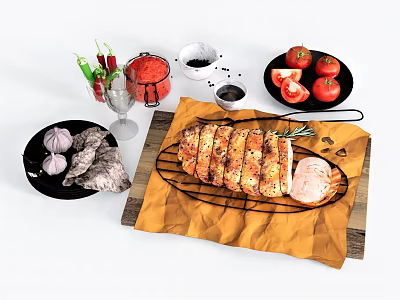Modern Food Food Beverage Ham Meat Garlic Tomato Chili Sauce Coffee Seasoning White Tableware Plate Knife and Fork 3d model