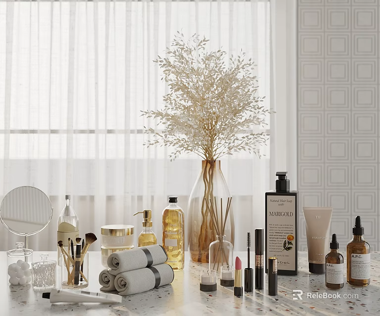 Bathroom Toiletries With Rolled Towels And Skincare Bottles 3d model 