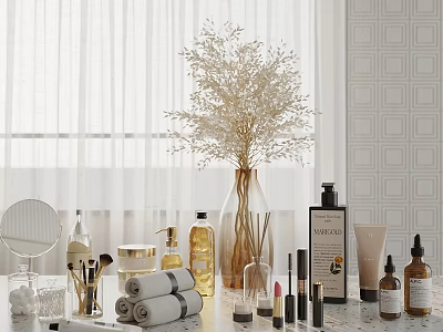 Bathroom Toiletries With Rolled Towels And Skincare Bottles 3d model