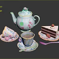 Elegant White And Pink Tea Set With Rose Patterns Teapot Teacups Saucers And Strawberry Cake