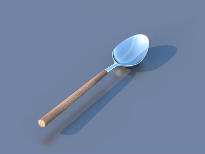 Tableware Set Featuring Metal Spoon Head With Wooden Handle On Blue Background 3d model