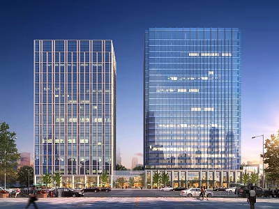 Twin Modern Office Towers With Glass Curtain Walls Illuminated Interiors And Surrounding Parking Cars Pedestrians 3d model