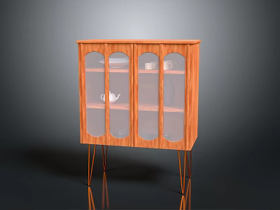 Modern Wooden Display Cabinet With Glass Doors And Metal Legs Teacup Inside 3d model