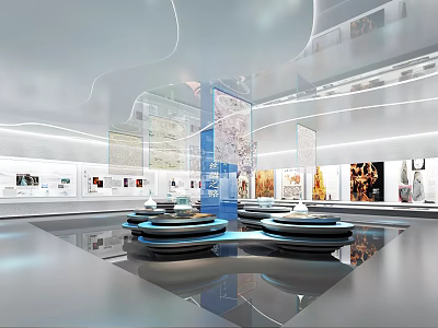 Modern Exhibition Hall Interior With Art Exhibits And Circular Display Platforms 3d model