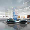 Modern Exhibition Hall Interior With Art Exhibits And Circular Display Platforms 3d model