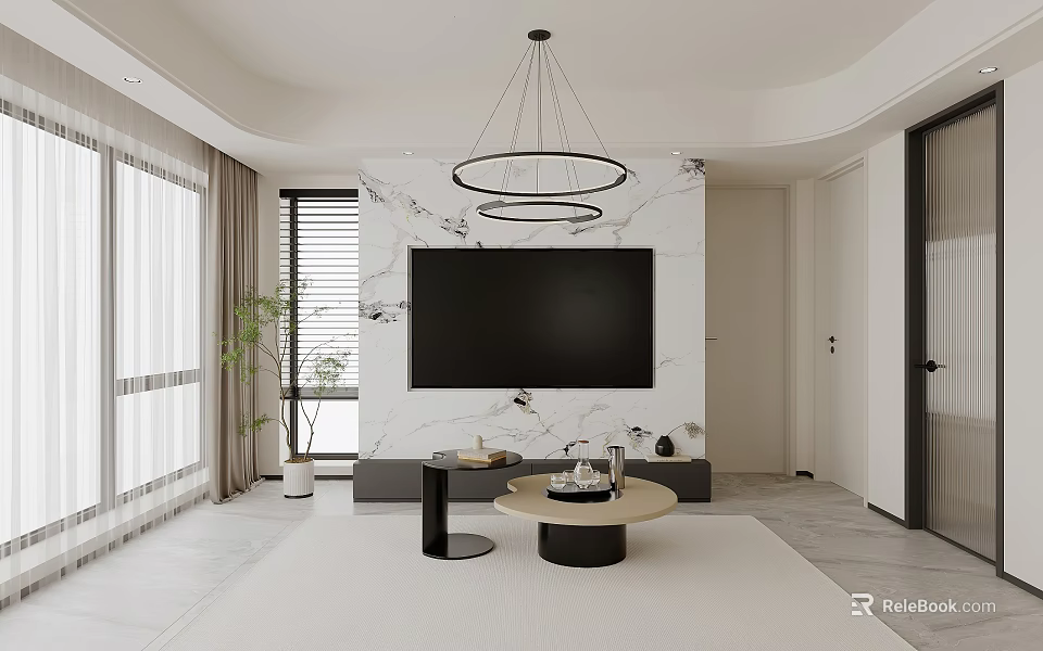 Bright Modern Minimalist Living Room With Marble TV Wall Round Coffee Tables And Circular Lighting 3d model 