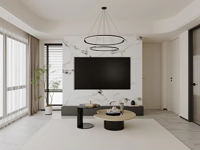 Bright Modern Minimalist Living Room With Marble TV Wall Round Coffee Tables And Circular Lighting 3d model