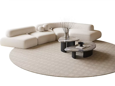 Modern Beige Sofa And Coffee Table Set With Marble Top And Circular Rug 3d model