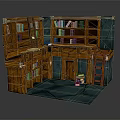 Vintage Indoor Corner Interior With Wooden Bookshelves Books Ladder And Blue Carpet