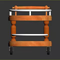 Mobile Wooden Orange Two Tier Serving Cart With Metal Railings And Wheels