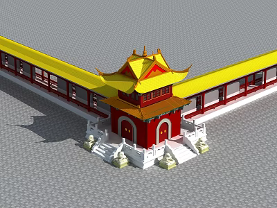 Ancient Chinese Architecture With Yellow Curved Roof And Red Walls 3d model