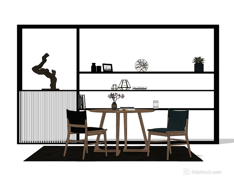 Stylish Table And Chairs Set With Shelves Decorations Plants Screen And Rug 3d model