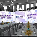 Modern Conference Event Venue With Stage Backdrop Screens Long Tables Chairs And Lighting