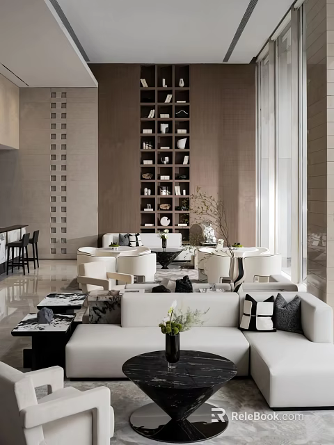 Elegant Modern Lounge Area Interior With White Sofas Coffee Tables Bookshelf And Accent Chairs 3d model 