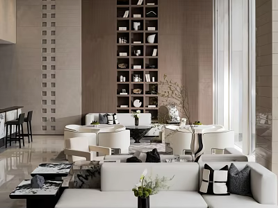 Elegant Modern Lounge Area Interior With White Sofas Coffee Tables Bookshelf And Accent Chairs 3d model