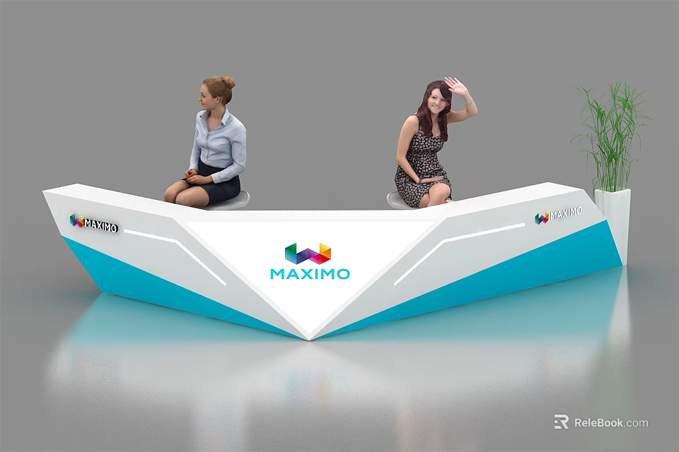 Modern White And Blue Reception Desk Featuring MAXIMO KOTECH Logos Female Staff And Green Plant 3d model 