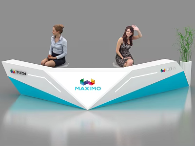 Modern White And Blue Reception Desk Featuring MAXIMO KOTECH Logos Female Staff And Green Plant 3d model