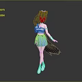 Anime Game Movie Character With Fox Ears White Top Blue Pleated Skirt Purple Hair Standing Pose