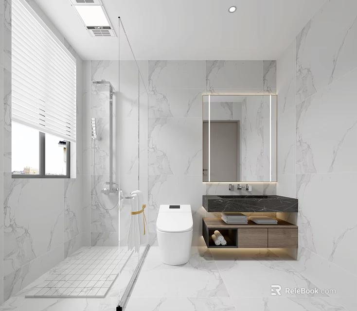 Modern Bathroom Interior With Marble Walls Shower Area Toilet And Vanity Mirror 3d model 
