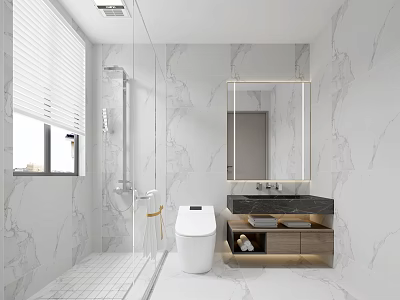 Modern Bathroom Interior With Marble Walls Shower Area Toilet And Vanity Mirror 3d model