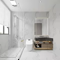 Modern Bathroom Interior With Marble Walls Shower Area Toilet And Vanity Mirror