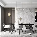 Modern Dining Table Set With White Chairs Hanging Lights And Marble Wall Artwork 3d model