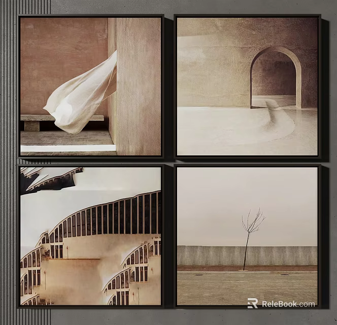 Modern Minimalist Four Panel Wall Art With Abstract Architectural Elements And Neutral Tones 3d model