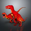 Two Red Dinosaurs with Yellow Stripes Standing on Dark Background in 3D Render 3d model