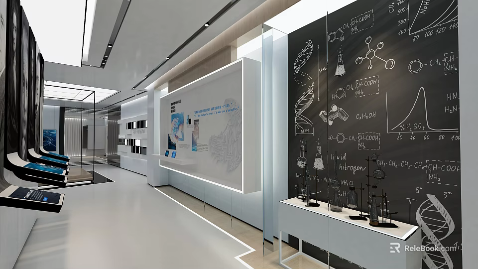 Modern Scientific Exhibition Hall With Display Boards DNA Models Lab Instruments And Interactive Tables 3d model